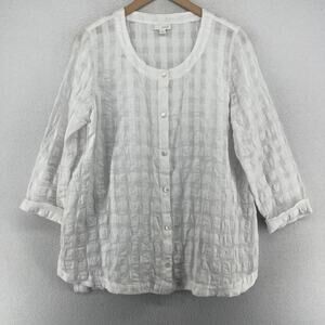PURE JILL Top M Crinkle Gauze Textured Tunic Button Up Sheer Linen Cotton White